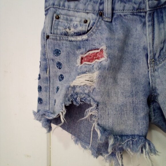 Indigo Rein Denim Shorts Juniors 1 Cut-off Raw Hem Distressed Plaid Festival - Picture 5 of 16